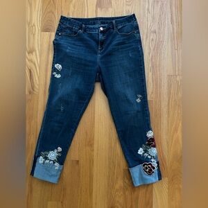 Chico's Dark Blue So Slimming Girlfriend Embroidered Ankle Jeans